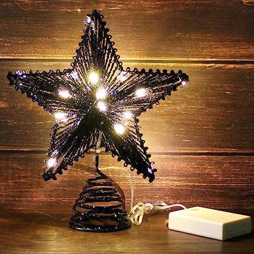 CVHOMEDECO. Tree Top Star with Warm White LED Lights and Timer for Christmas Ornaments and Holiday Seasonal Décor, 8-Inch (Black)
