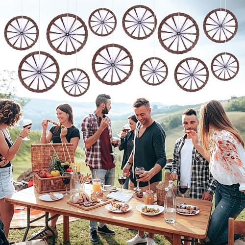 BestoFun 12PCS Western Cowboy Party Decorations Set - Paper Fans, Wagon Wheels & Straw Hay Bales Hanging Ceiling Wall Decor for Ranch Birthday Baby Shower Theme
