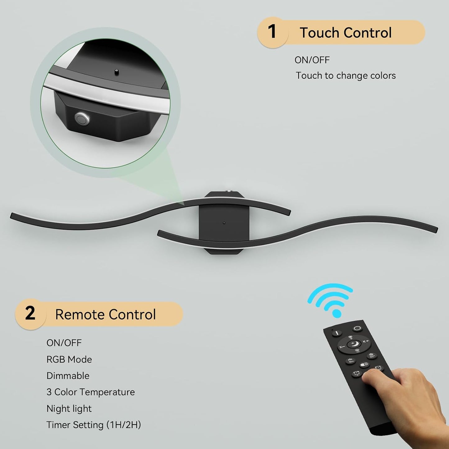 hunhun Battery Operated Wall Sconces Set of Two, Wireless Wall Sconce with Remote Control, Black Rechargeable Sconces