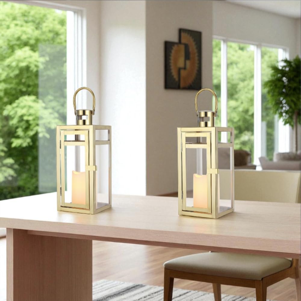 TRIROCKS Set of 2 Stainless Steel Decorative Lantern 12'' High Metal Candle Holder Outdoor Candle Lantern with Tempered