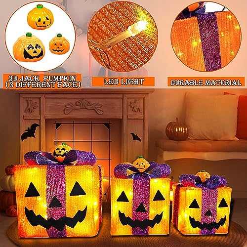 [ 8 Modes & Timer ] 3 Pack Lighted Halloween Pumpkin Decorations Gift Box