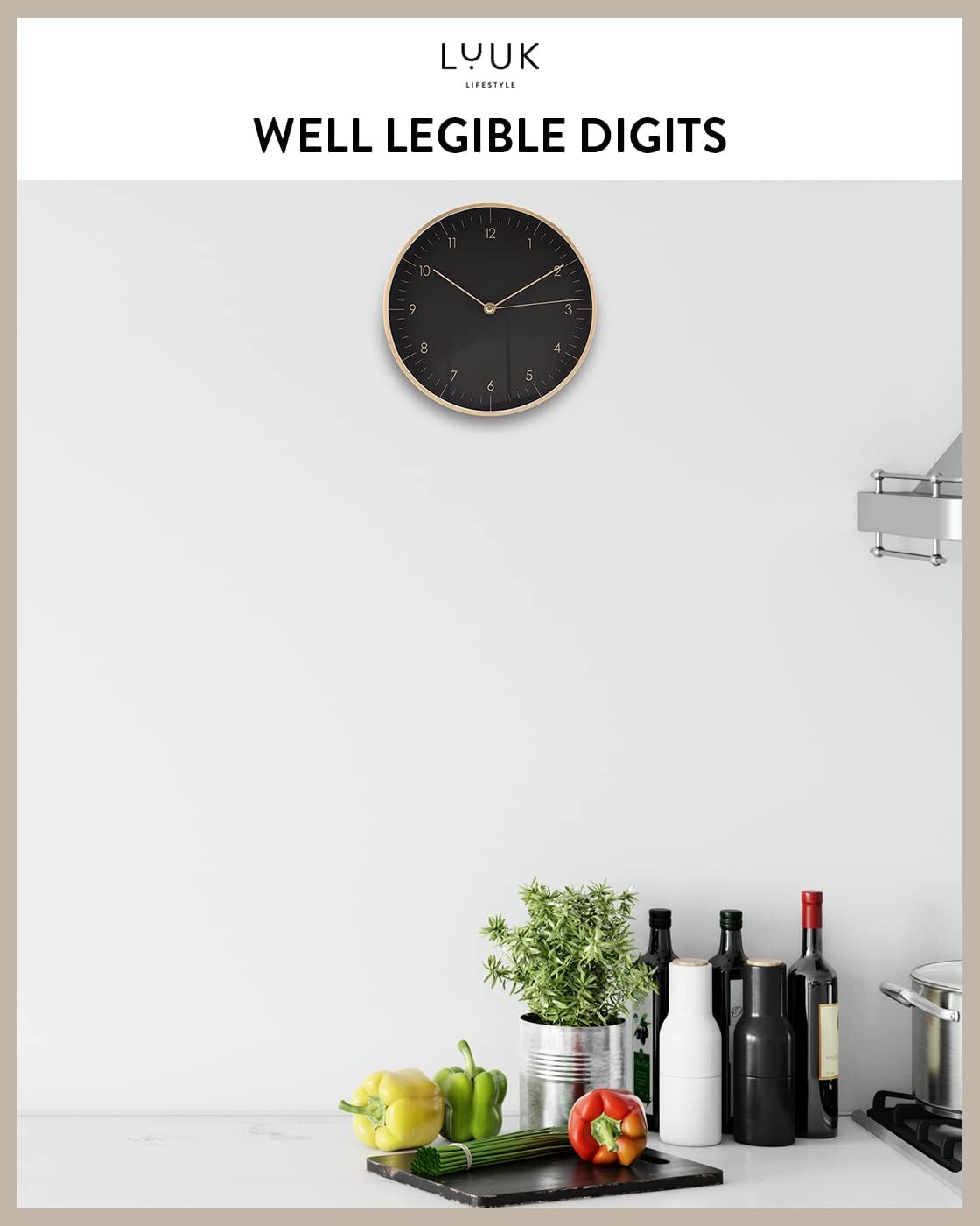 Modern Silent Quartz Wall Clock, 10in, Black & Gold | Chic & Minimalist, Non-ticking, Analog, Arabic numerals