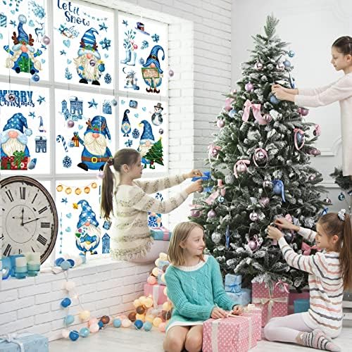 Whaline Christmas Winter Gnome Window Clings 9 Sheets Xmas Snowflakes Snowman Bedroom Decorations Double Printed PVC Stickers for Holiday Home Office Glass Mirror Winter Holiday Party Decoration