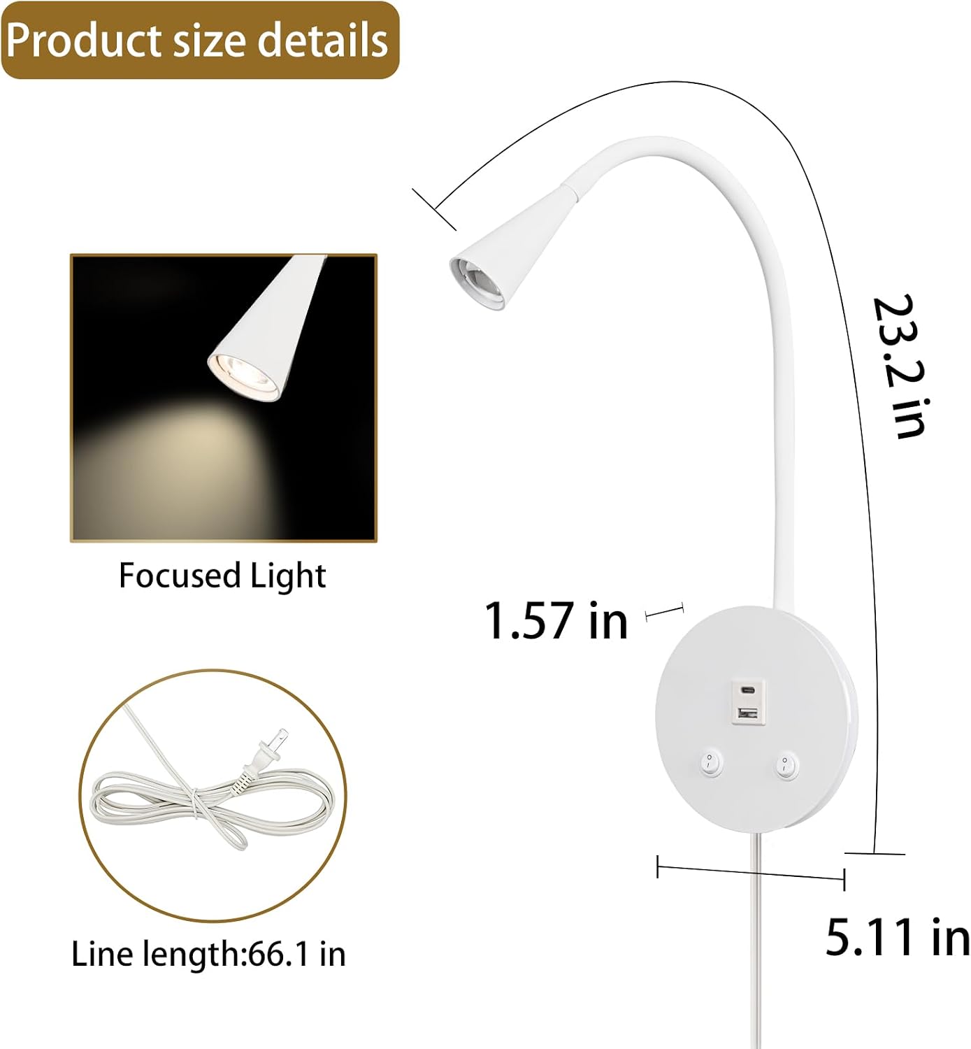 Dimmable LED Wall Reading Lamp - Adjustable Gooseneck Book Light for Bed, USB + Type C Output, 2-in-1 Night Light &