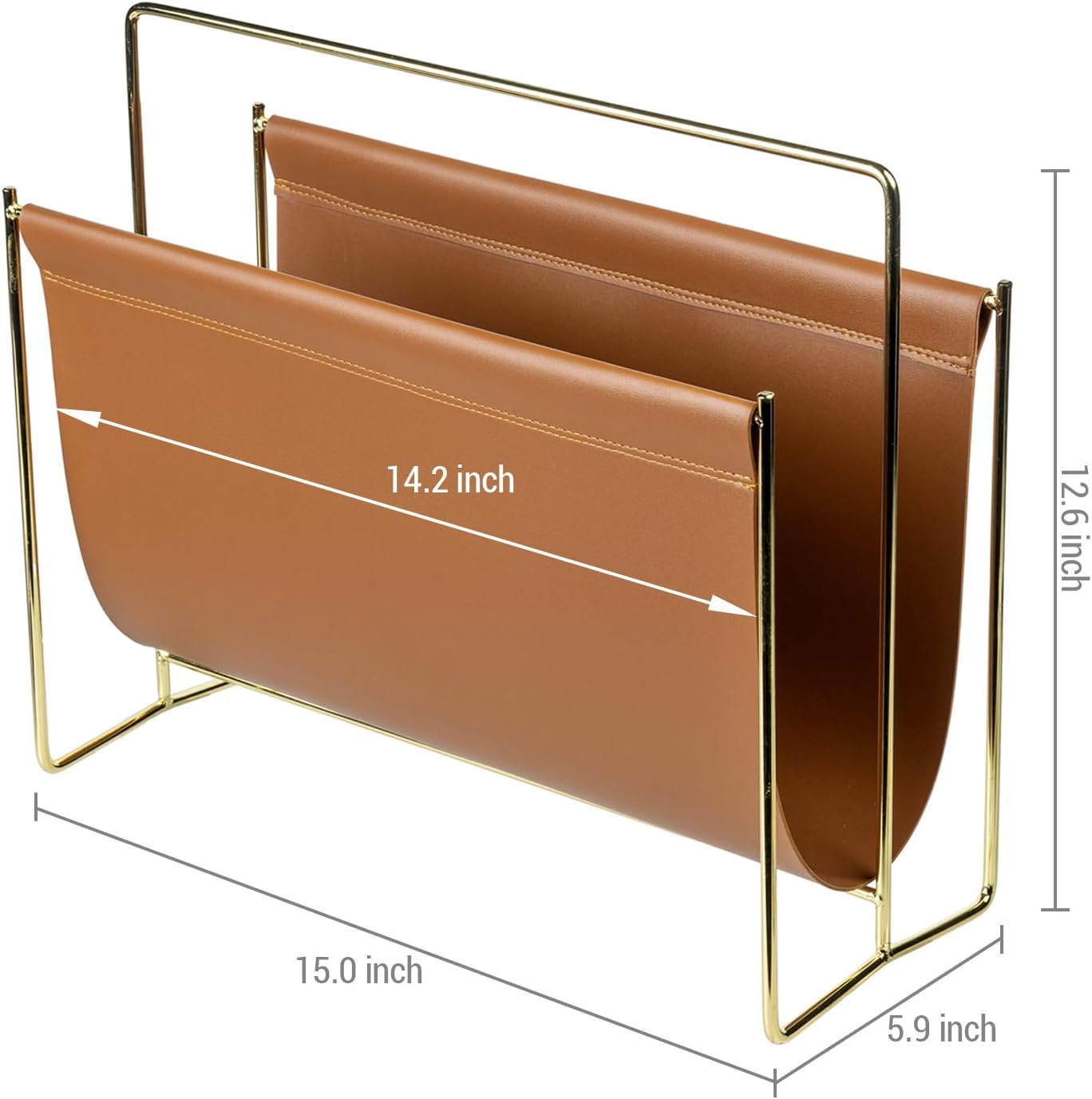 MyGift 15-Inch Magazine Holder Brown Leatherette Sling & Brass Plated Metal | Modern Metal Frame Faux Leather Sling