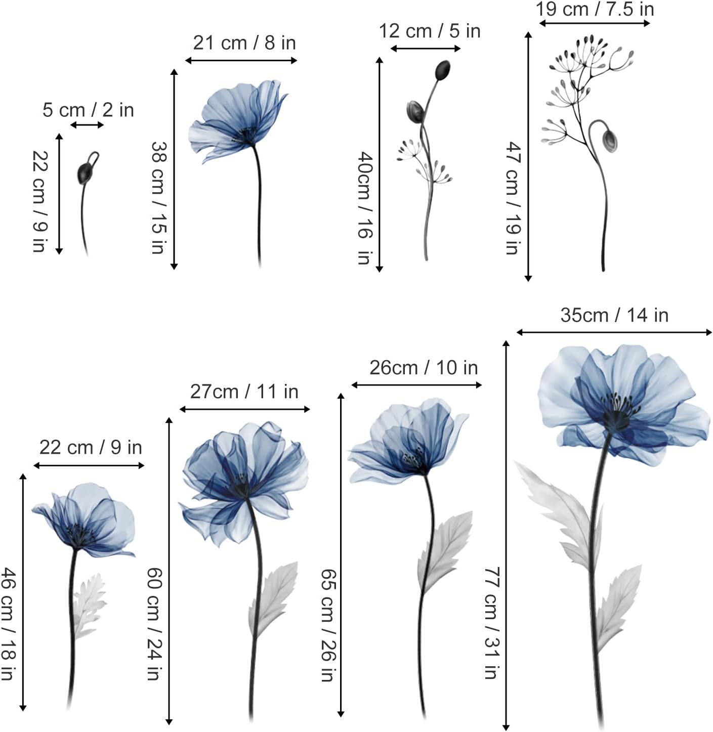 Large Flower Wall Decals Floral Plants Wall Stickers Bedroom Living Room Kitchen Wall Decor / Blue