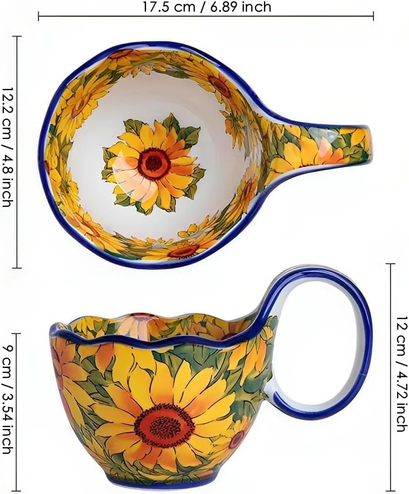 17.64 Oz Microwavable Soup Bowl / Sunflower - Handmade Loop Handle Soup Bowl with Spoon