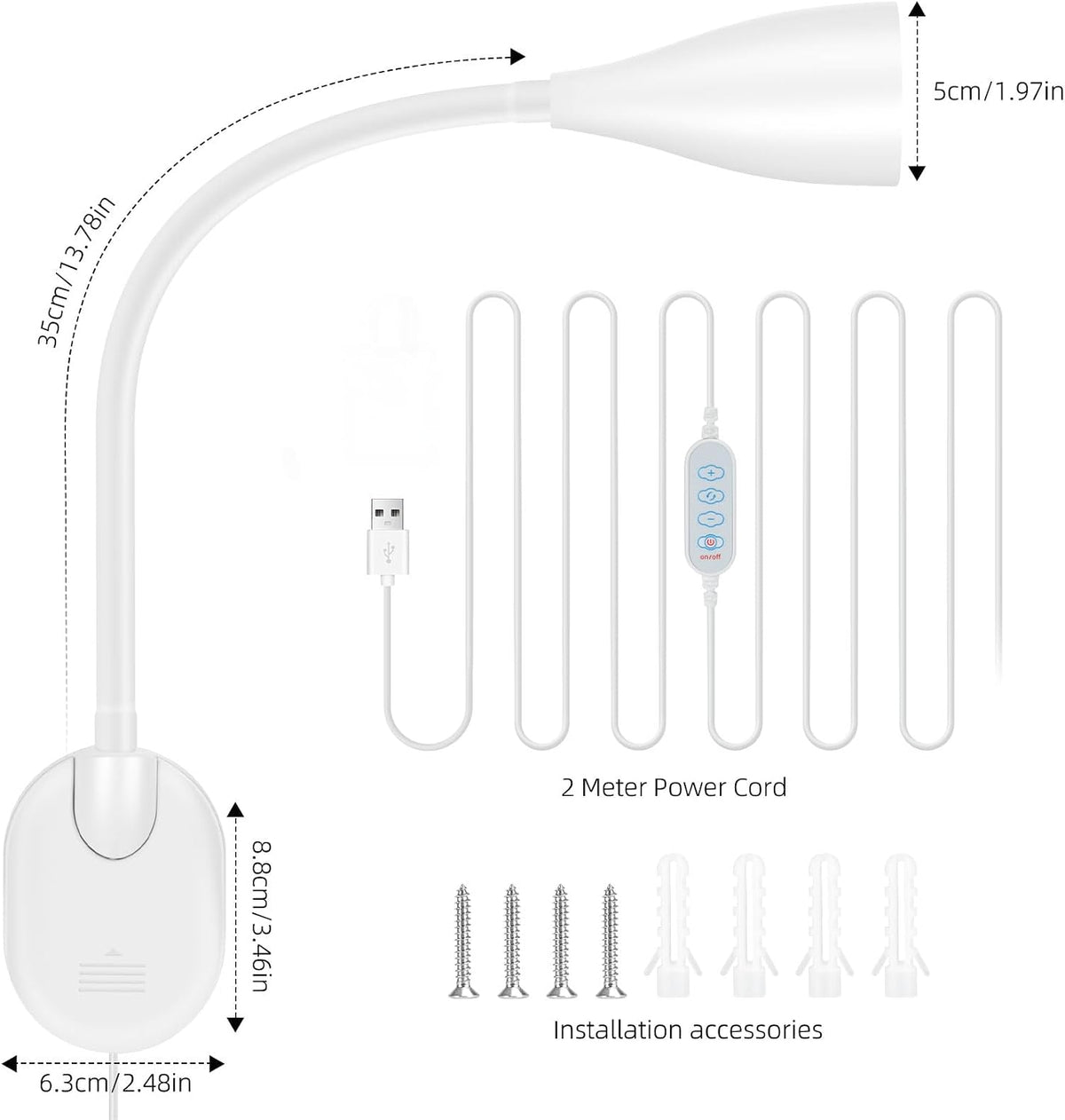 2 Pack LED Wall Mounted Reading Light, 5 Color Modes,10 Brightness Dimmable | USB Charging Port, Memory Timer Adhesive