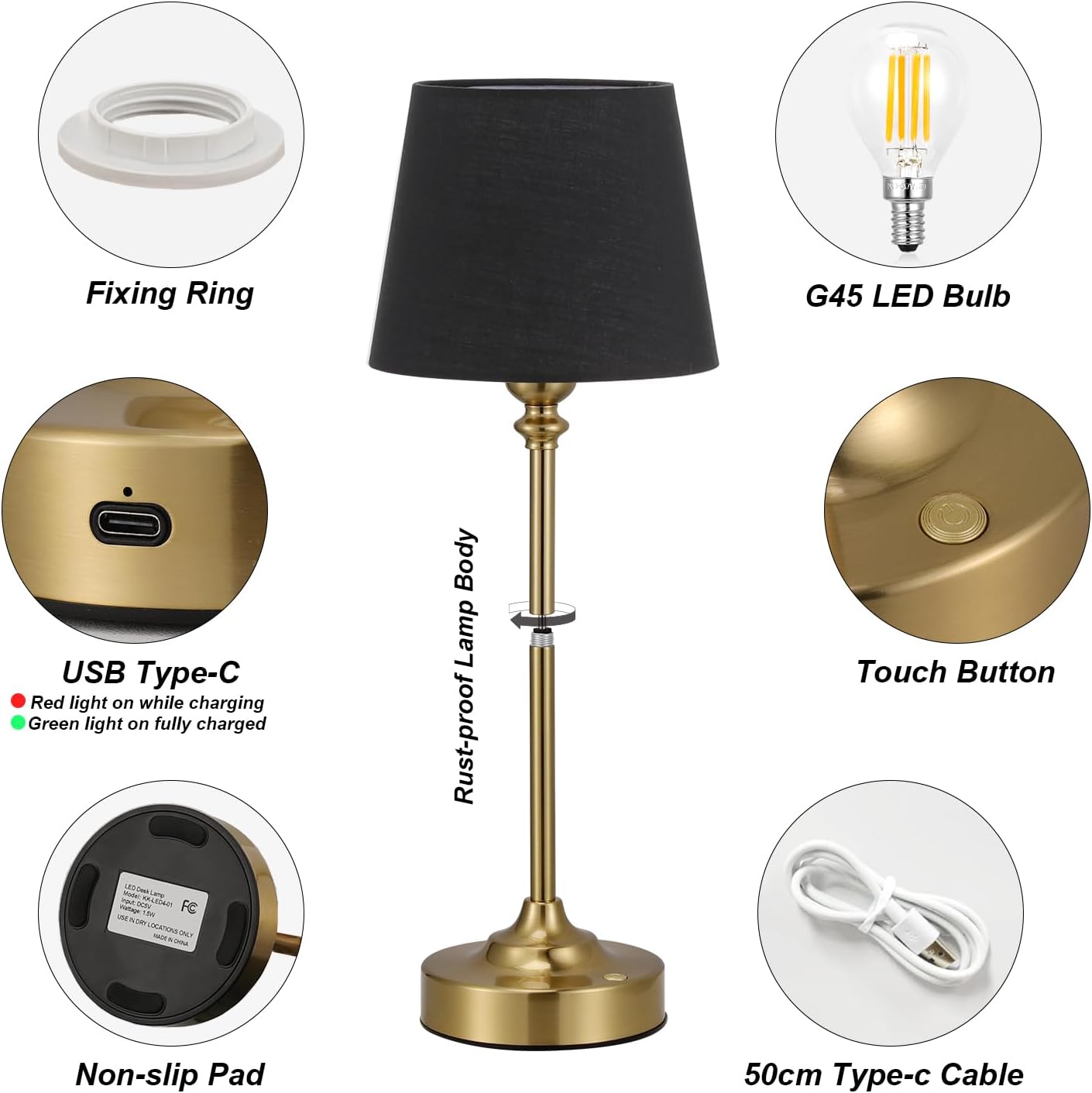 Kakanuo Cordless Table Lamps Rechargeable Set - 2 Pack Brass 4000mAH Battery Operated Lamps for Decor, 3000K Stepless