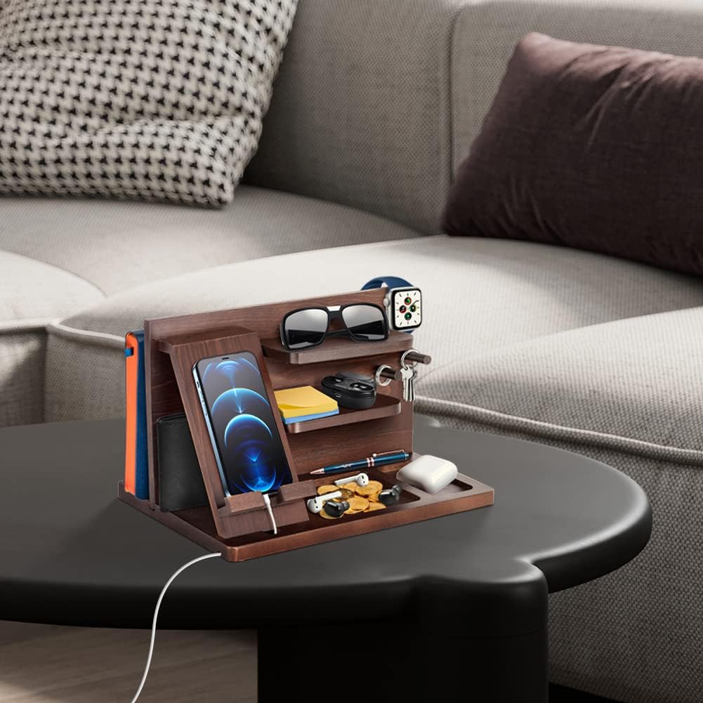 Gifts for Men Bedside Organiser Wood Phone Docking Station Dad Birthday Gifts for Him Nightstand Key Wallet Watch Stand