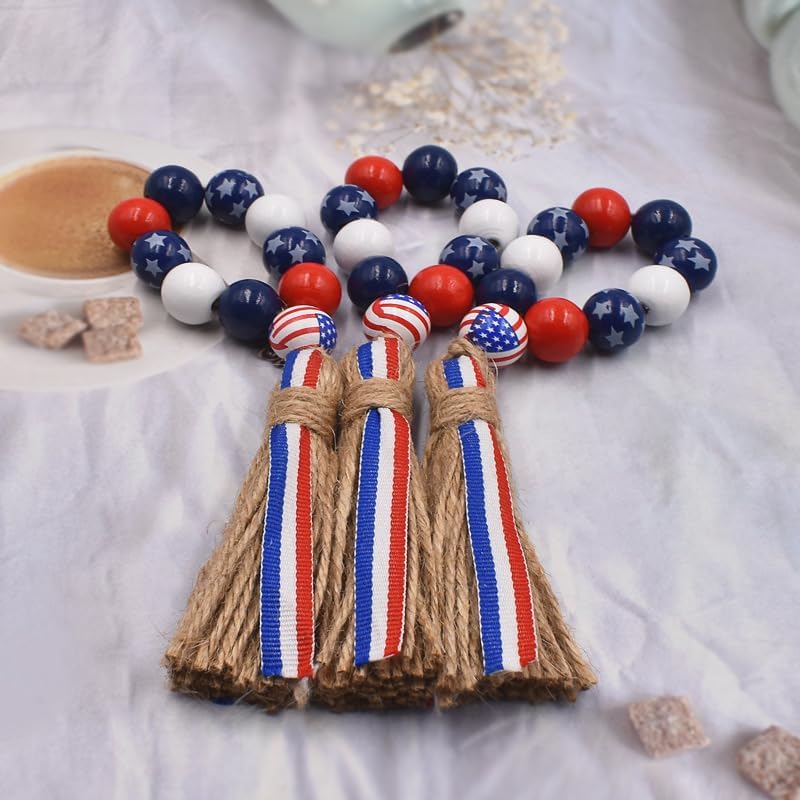 Patriotic Napkin Rings Set of 6,Wood Bead Napkin Holder Ring with Rope Tassel Farmhouse Wooden Beads Garland Wall Hanging Decor for Independence Day(Patriotic Napkin Rings)