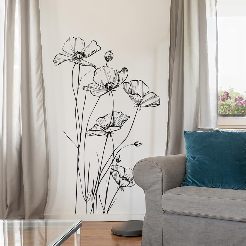White Poppy Flower Wall Decal Minimalist Sketch Botanical Wall Art PVC Peel Stick Wall / B / Black