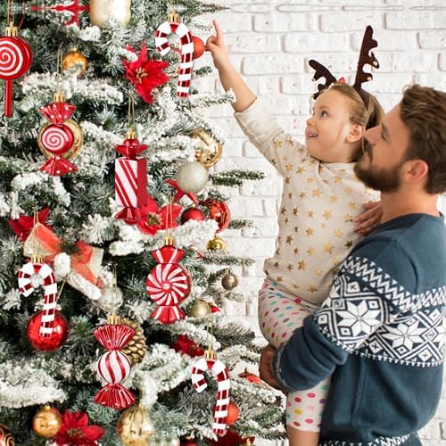 JULMELON 24Pcs Christmas Candy Cane Ornaments, Red White Glitter Hanging