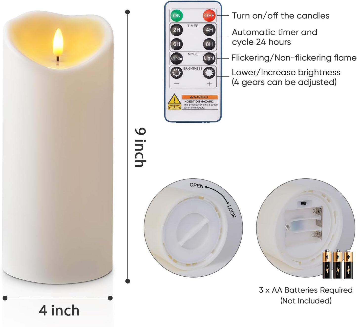 Amagic 4” x 9” Large Outdoor Waterproof Flameless Candles with Remote, Battery Operated Candles with Timer, Flickering