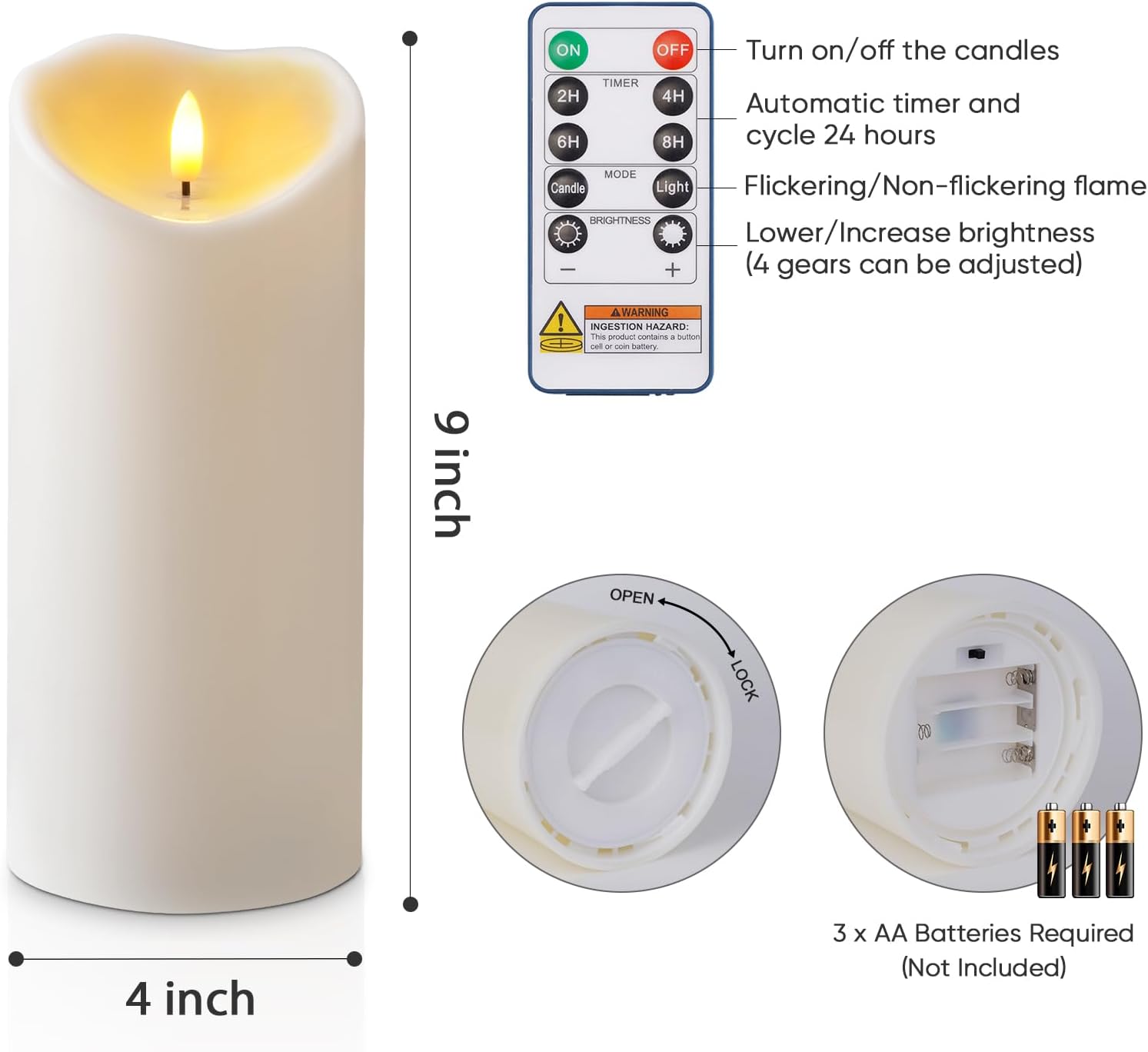 Amagic 4” x 9” Large Outdoor Waterproof Flameless Candles with Remote, Battery Operated Candles with Timer, Flickering
