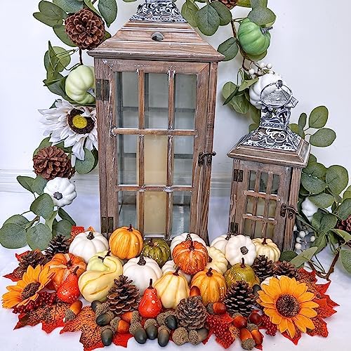 Winlyn 60 Pcs Assorted Small Artificial Pumpkins and Gourds with Acorns Pinecones Maple Leaves Sunflowers Fall Harvest Decoration Set for Thanksgiving Halloween Bowl Filler Table Centerpiece Wreaths