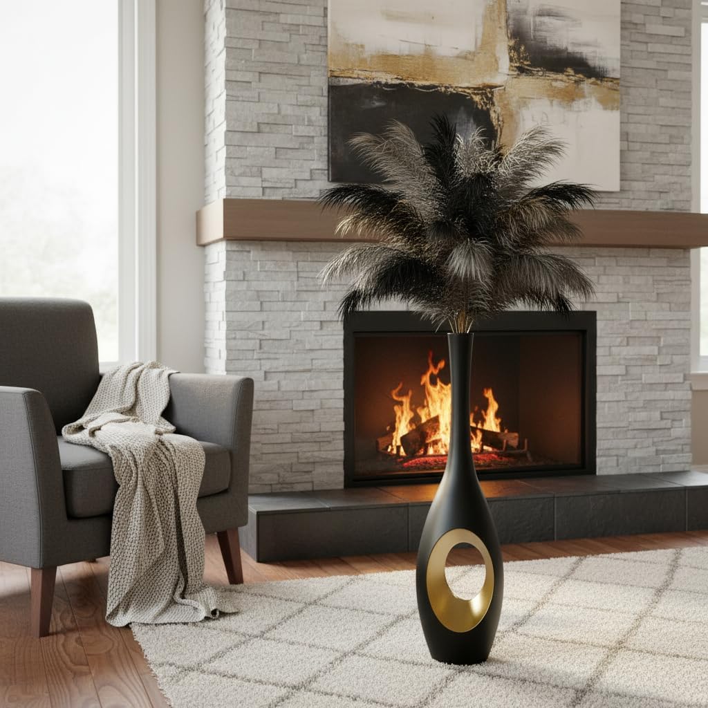 Modern Oval Tall Floor Vase / Black & Gold / 23.6in