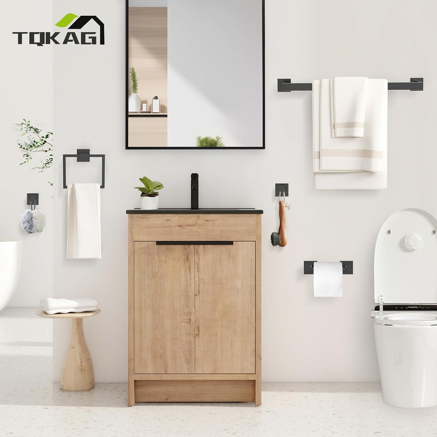 TQKAG Matte Black Bathroom Hardware Accessories Set 5 Pieces, Double Post Pivoting Toilet Paper Holder Set Stainless