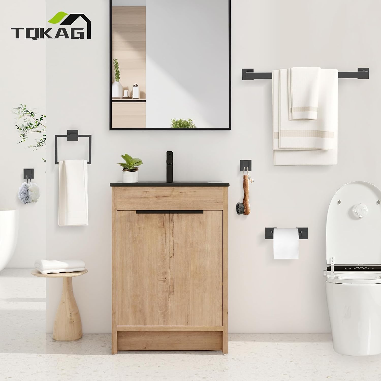 TQKAG Matte Black Bathroom Hardware Accessories Set 5 Pieces, Double Post Pivoting Toilet Paper Holder Set Stainless