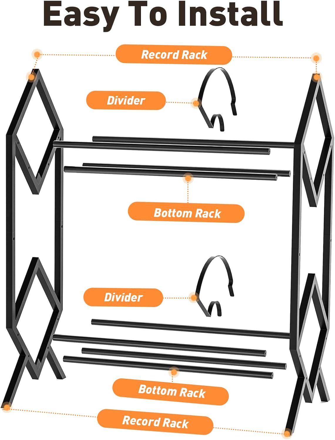 RUILALIFE 2-Tier-Vinyl-Record-Storage-Holder With Dividers, 200 LPs Albums Storage Rack Shelf, Steel Music Records