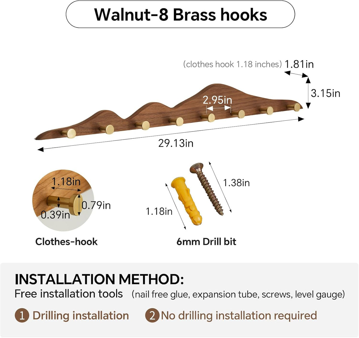 Wall Coat Rack, Walnut Wood, 8 Hooks | Elegant, Solid Coat Hanger Wall Mount, Brass Hooks, Moisture-Resistant Wax Oil