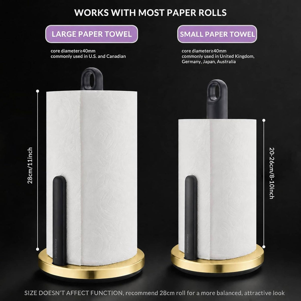 simpletome ONE Hand Tear Paper Towel Holder Countertop (Brushed Gold) | tension arm, tear one/more sheets at one time