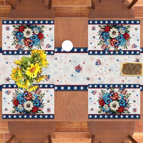 Memorial Day Patriotic 4th of July Placemats Set of 4,Red White and Blue Flowers Table Decor Veterans Day Independence Day Decorations and Supplies for Home Kitchen Table-12×18''