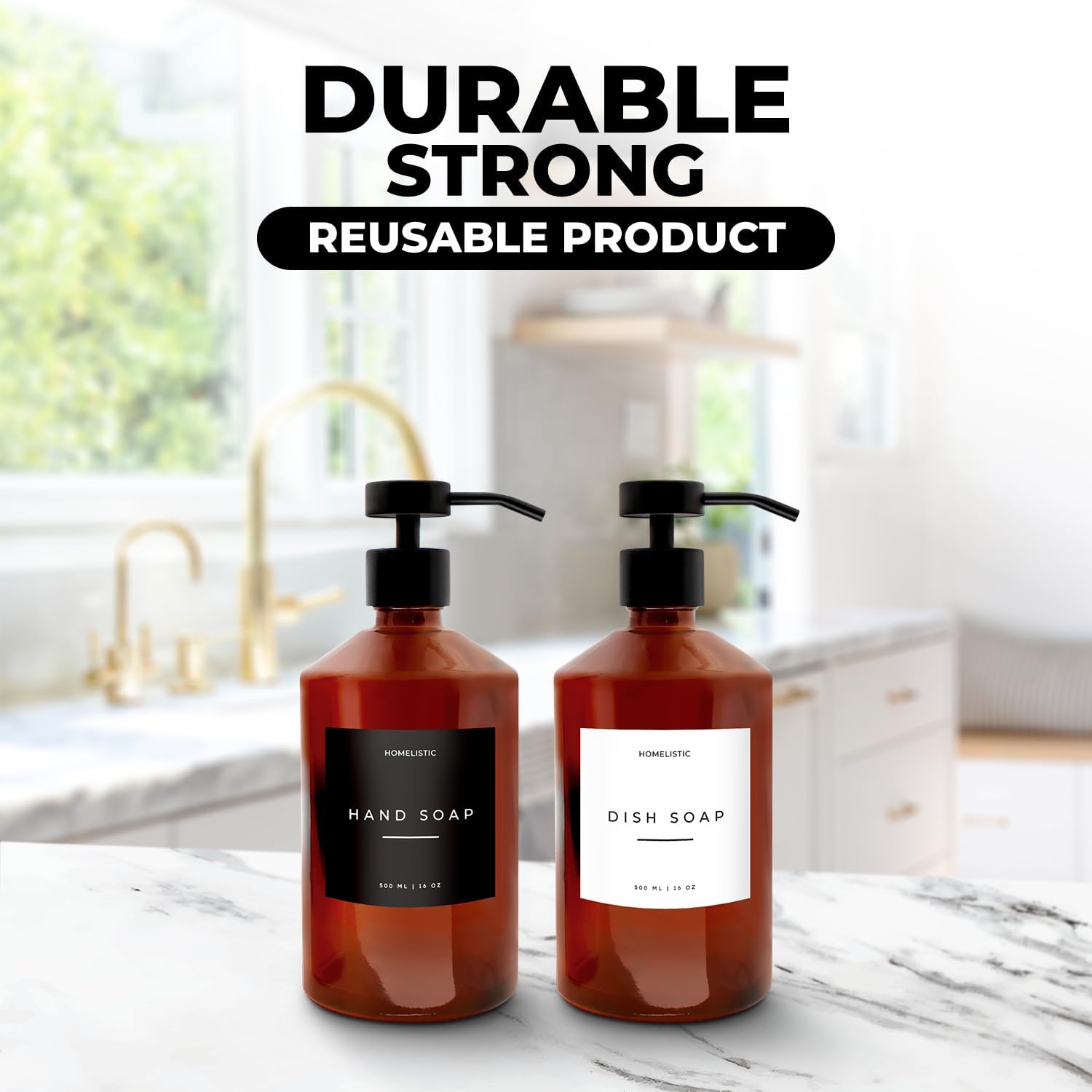 Luxury Glass Soap Dispenser Set of 2 - Elegant Amber Bottles with Matte Black Pumps, Ideal for Kitchen and Bathrooms
