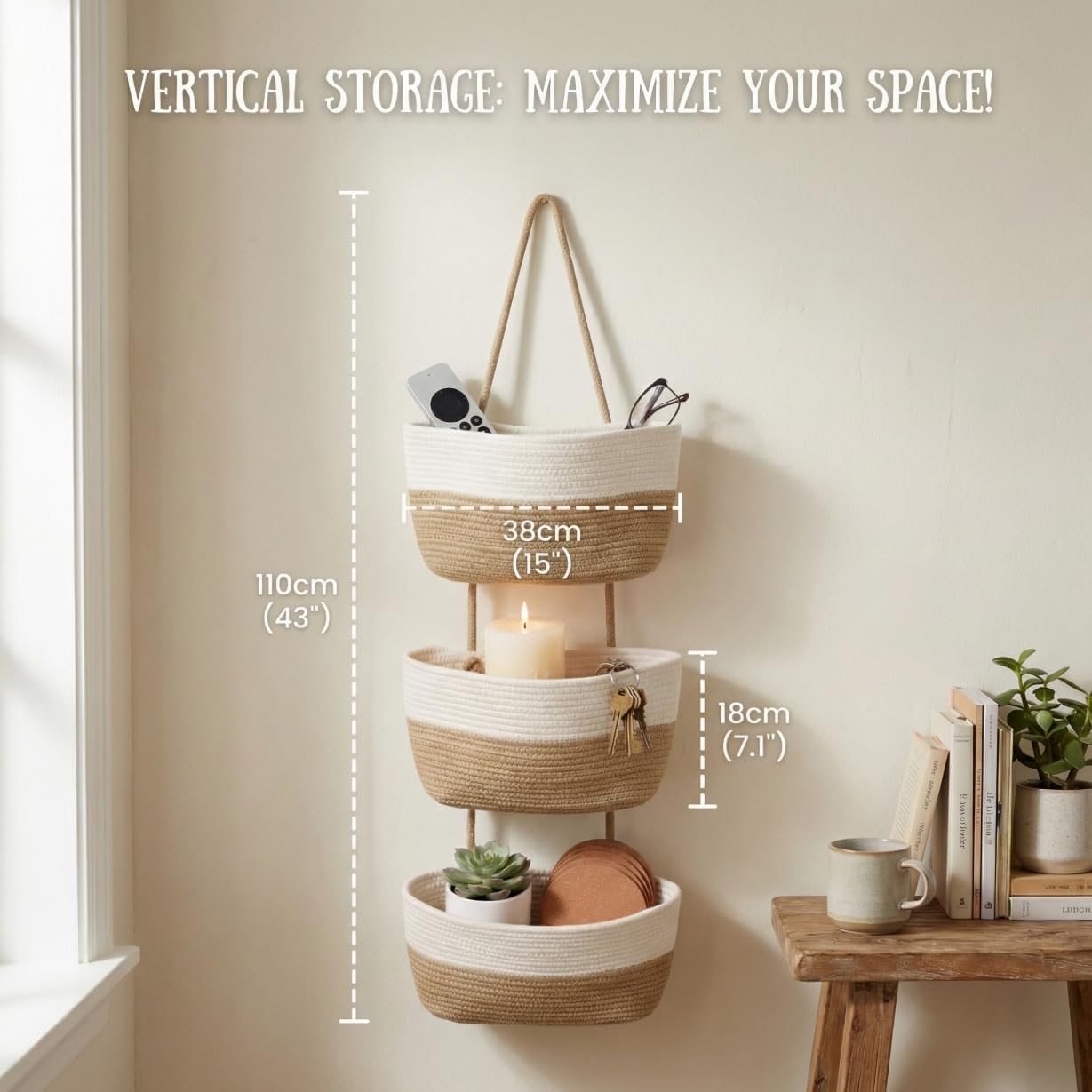 Hooks / Hanging Wall Basket / White&jute