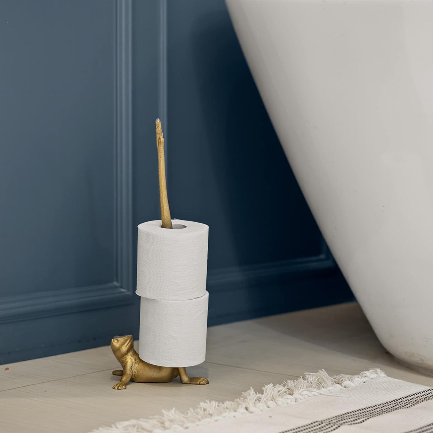 Gold Paper Towel Holder, Metal Toilet or Kitchen Paper Holder for Floor or Countertop, Gold Frog | 16.5 inch tall gold
