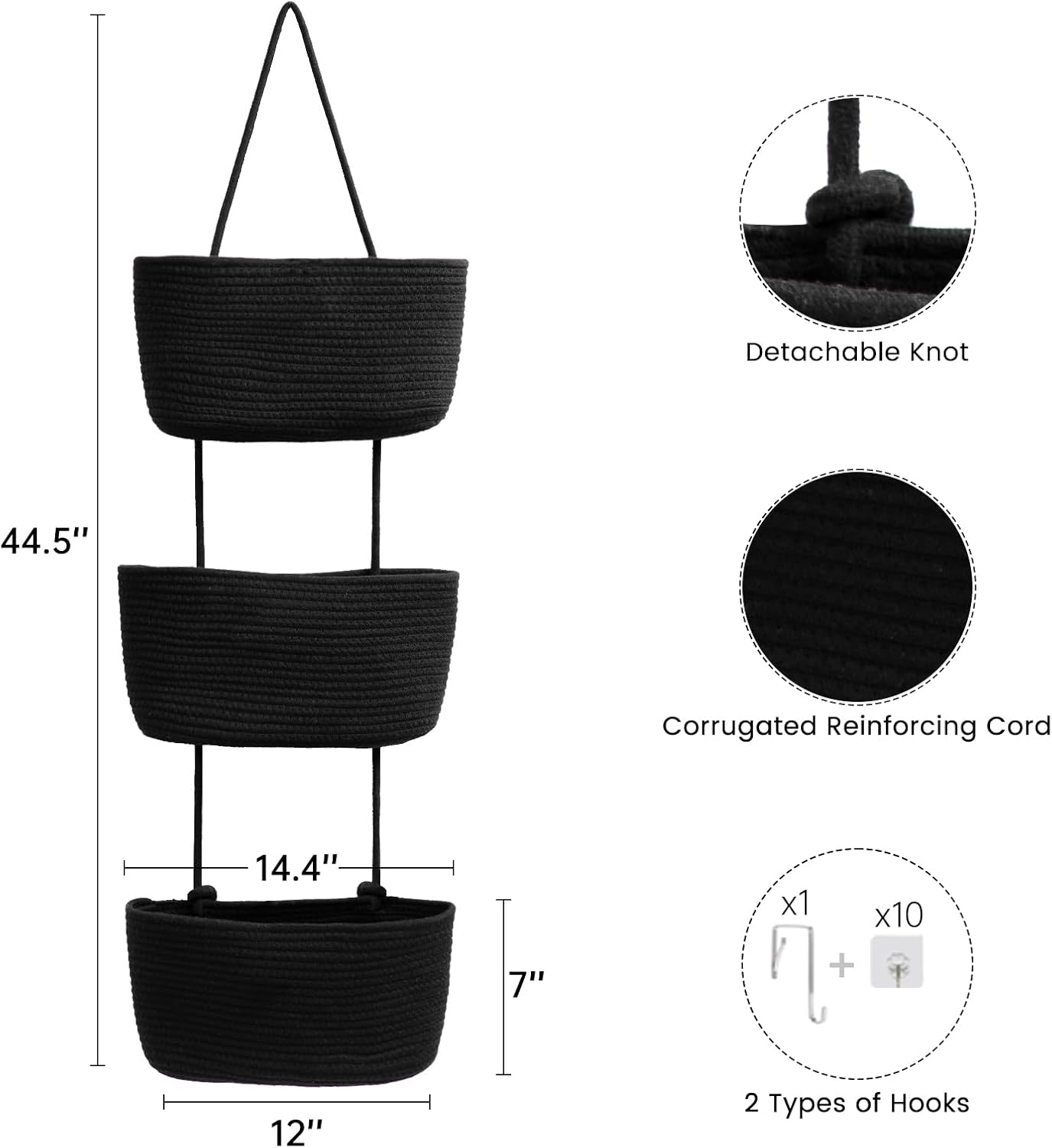 3-Tier Woven Cotton Wall-Mounted Storage Organizer Bag Decorative Hanging Nursery / Black