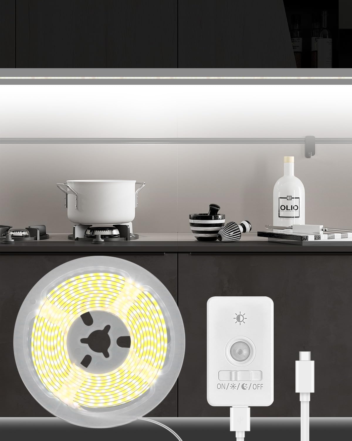 Rechargeable Motion Sensor COB LED Lights Strips, 2 Pack 6.56FT Motion Activated Under Cabinet LED Strip Lights 2200mAh