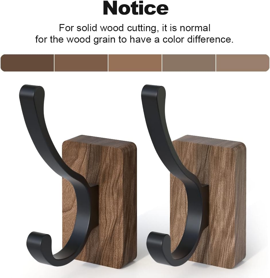 Walnut Wood Wall Hooks Adhesive Mounted & Wall Mounted / Hooks-double Hooks / Black / Set of 4