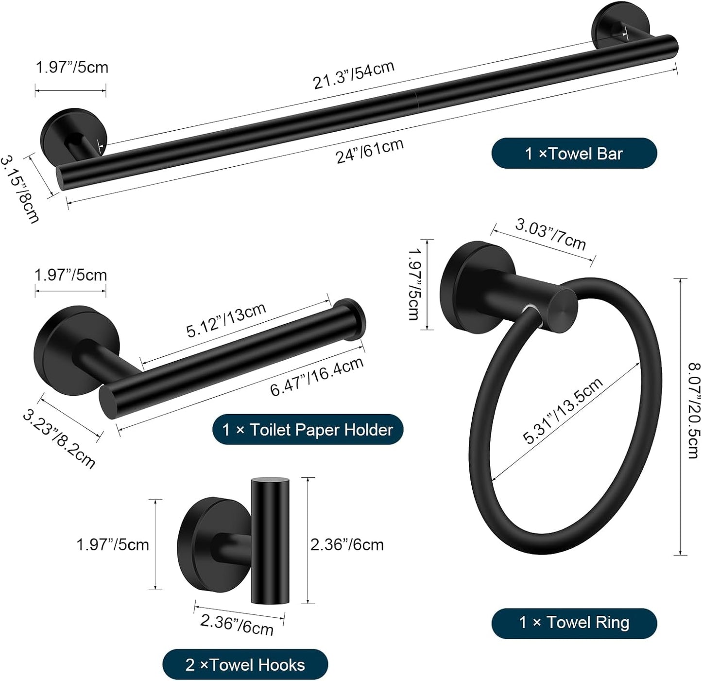 Matte Black Bathroom Hardware Set, Modern 24-Inch Towel Bar Set Wall Mounted, Towel Rack Set Black,Stainless Steel