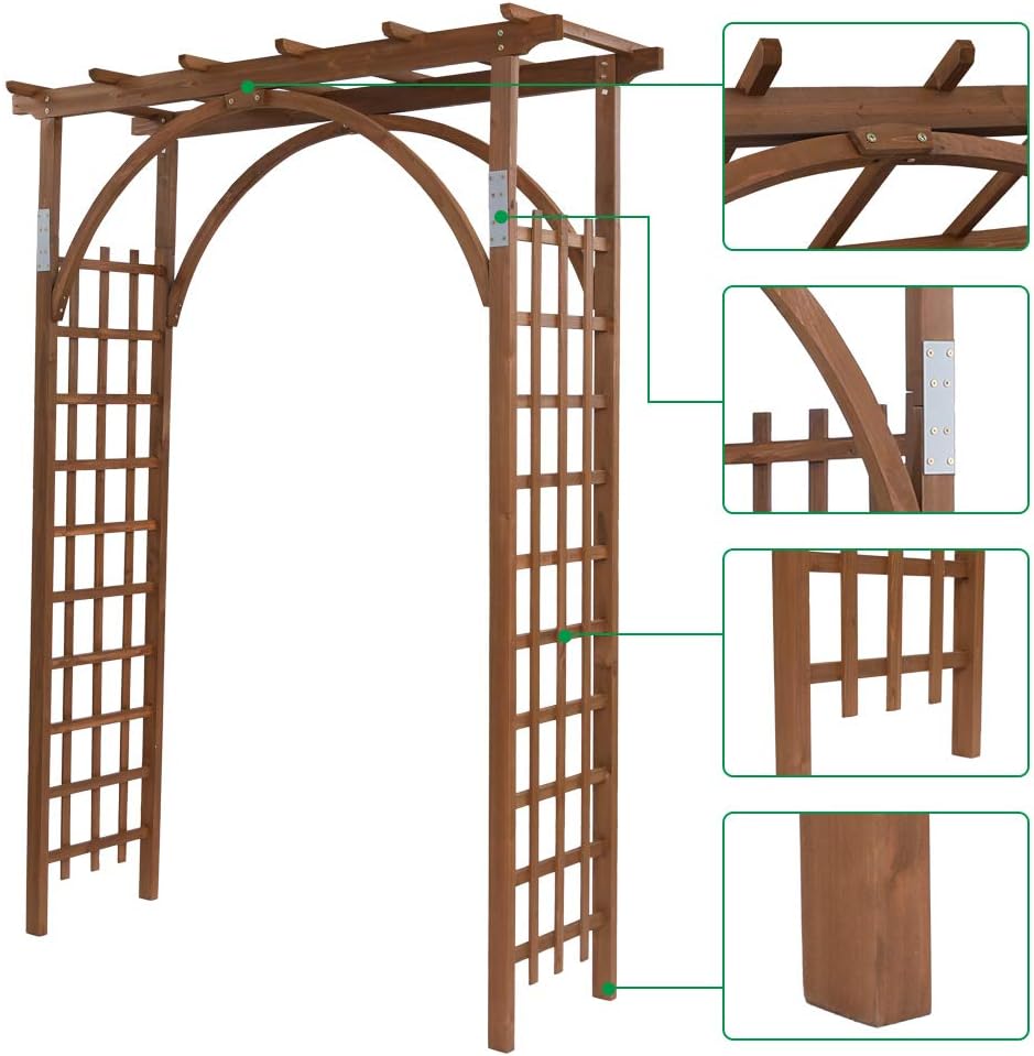 7Ft Dark Brown Wooden Garden Arbor Arch Trellis | Heavy duty wood pergola archway for climbing roses vines, perfect for