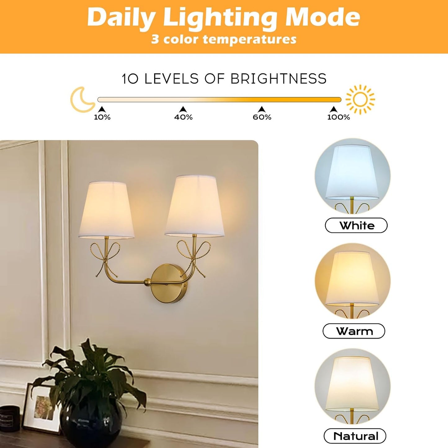 PASSICA DECOR Bow Battery Operated Wall Sconce, Rechargeable Wireless Double Lights with Dimmable Bulbs, 15 Colors and