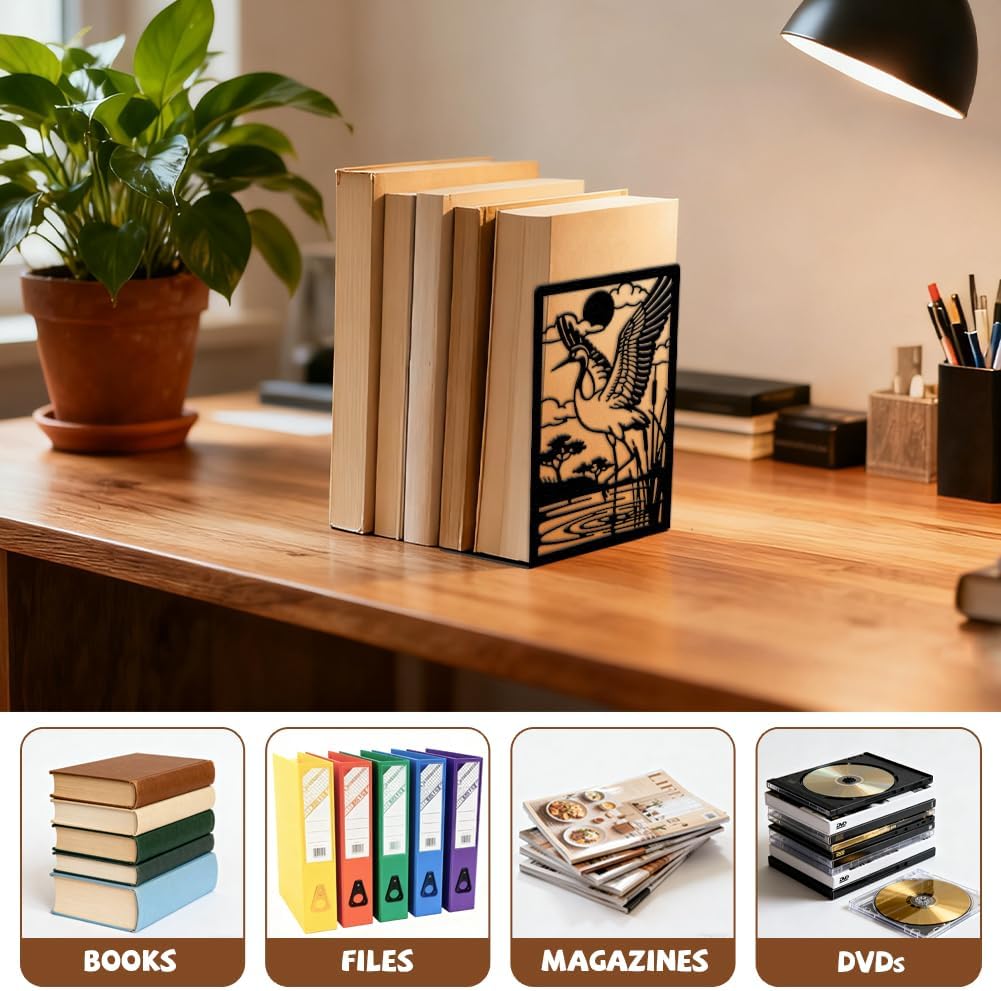 Metal Bookends / Modern Decorative Heavy Duty Study Book Ends Stoppers / Cranes By Pond with Reeds