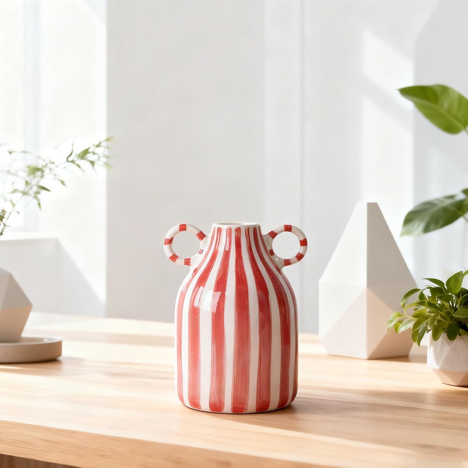 Ceramic Red and White Striped Vase / Red White