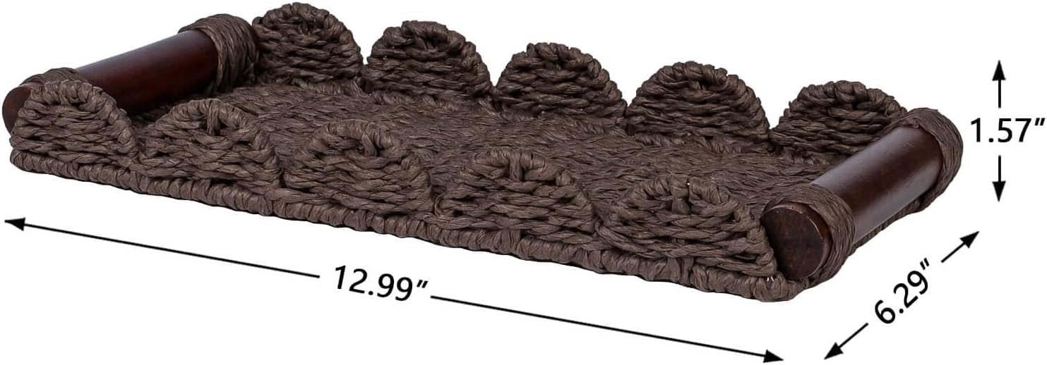 Scalloped Decorative Tray w/Wood Handle for Counter / Brown / 13 x 6.3 x 1.6
