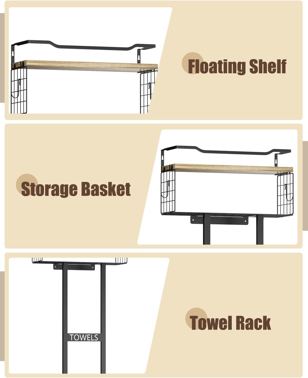 Aetyord Towel Racks for Bathroom - Wall Mounted Metal Rack with Wood Plank, Bathroom Storage Organizer, Towel Holder