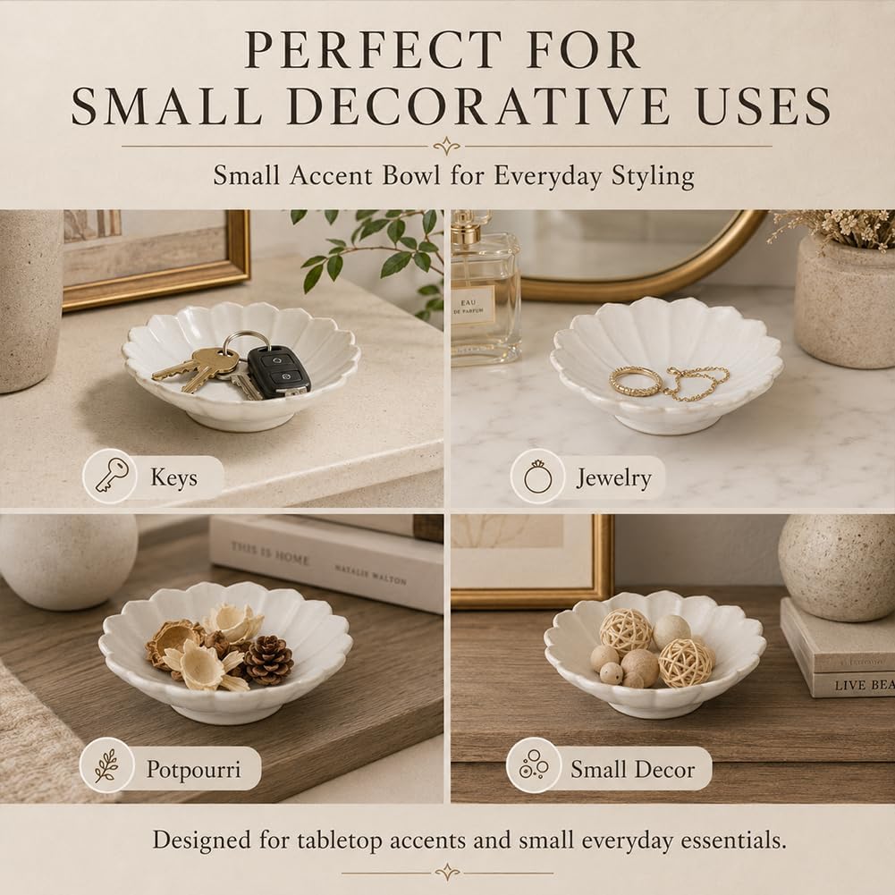 7.9" White Ceramic Flower Shaped Decorative Bowl / Ivory