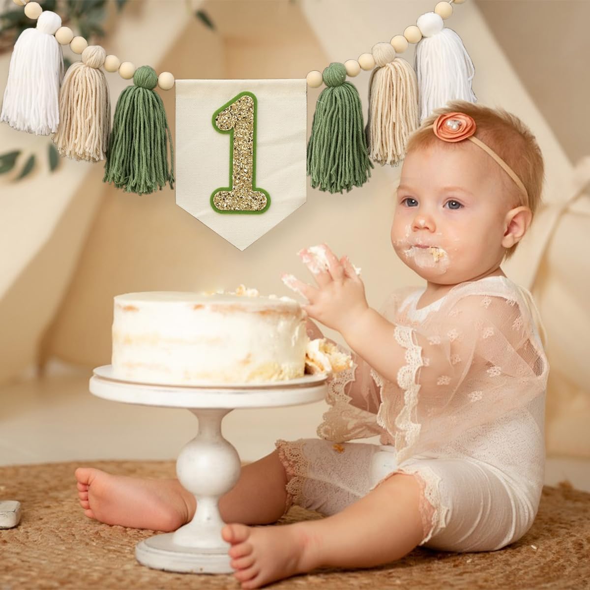 Wild One 1st Highchair Banner Handmade Wood Bead Tassel Garland Birthday Party / Green White