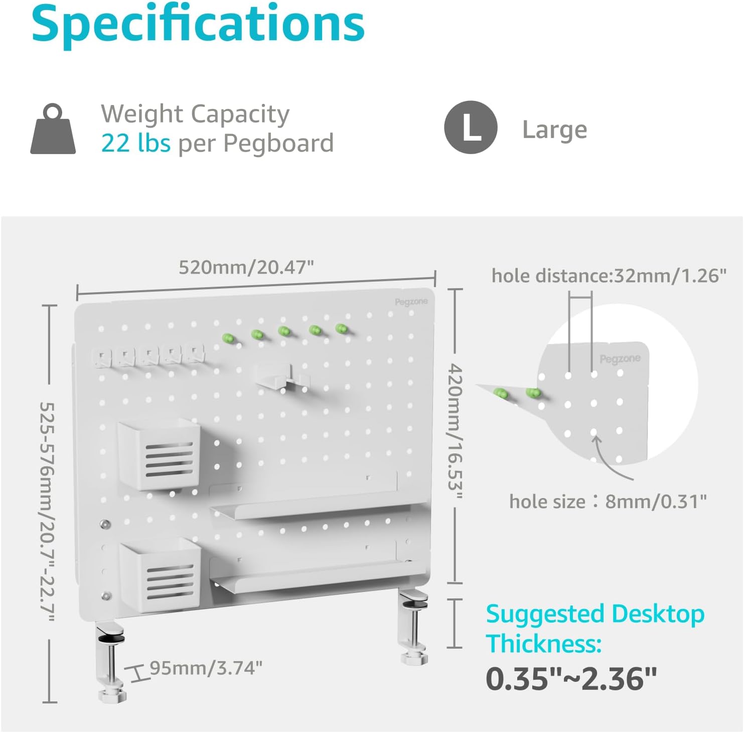 Clamp on Desk Pegboard, 20.4" x 16.5", with 15 Accessories, White | Magnetic Metal Peg Board, Desk Organizer for Office