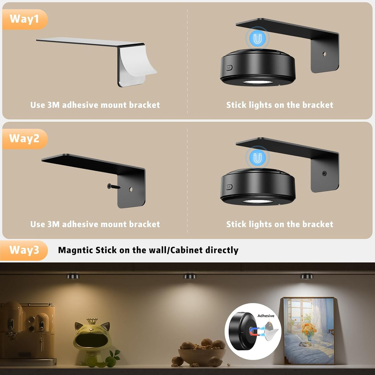 3 Pcs Picture Lights, Rechargeable Battery Operated Dimmable 3-Color Wall Light with Remote & Timer for Paintings