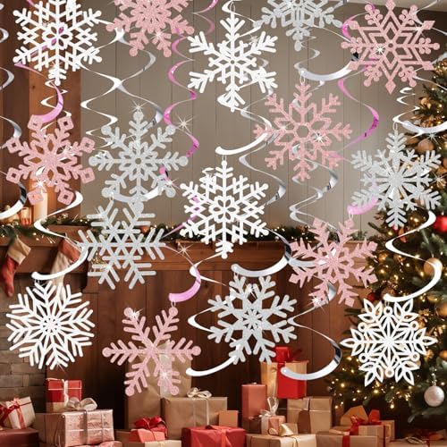 Snowflake Decorations, Christmas Hanging Decor, Pink White Silver, 30-Pc