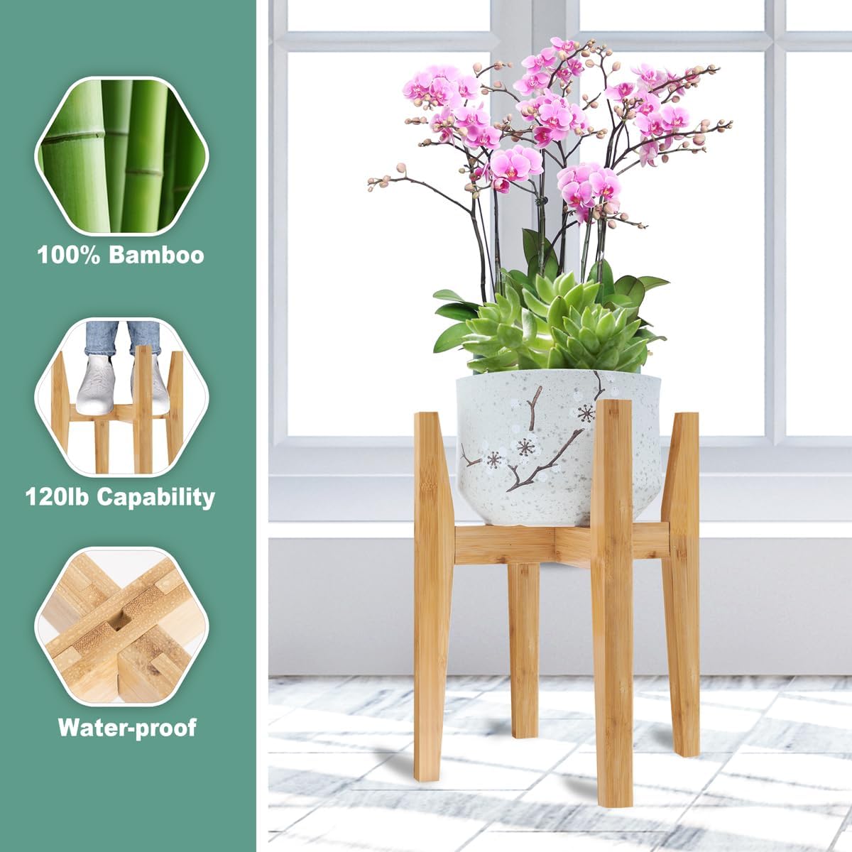 Rnined Plant Stand Indoor, Bamboo Plant Shelf, Adjustable Corner Plants Flower Holders Single Floor Plant Stand, Fits 8
