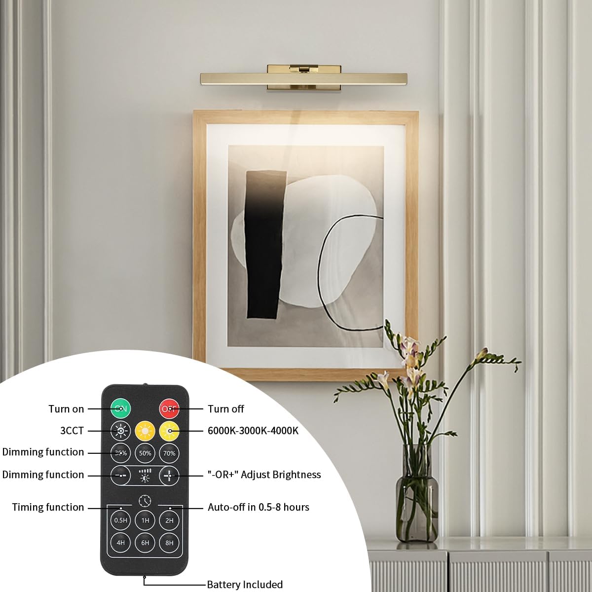 Joosenhouse Battery Operated Picture Light Wireless Gallery Light with Remote Control Rechargeable Wall Lights Brass