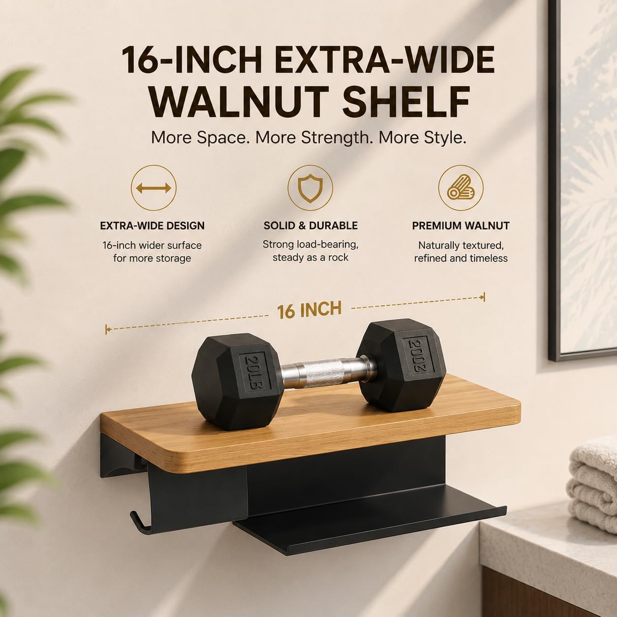 Double Toilet Paper Holder with Solid Wood Shelf, Wall Mounted Matte Black | 16" x 5.31" Toilet Paper Rolls with