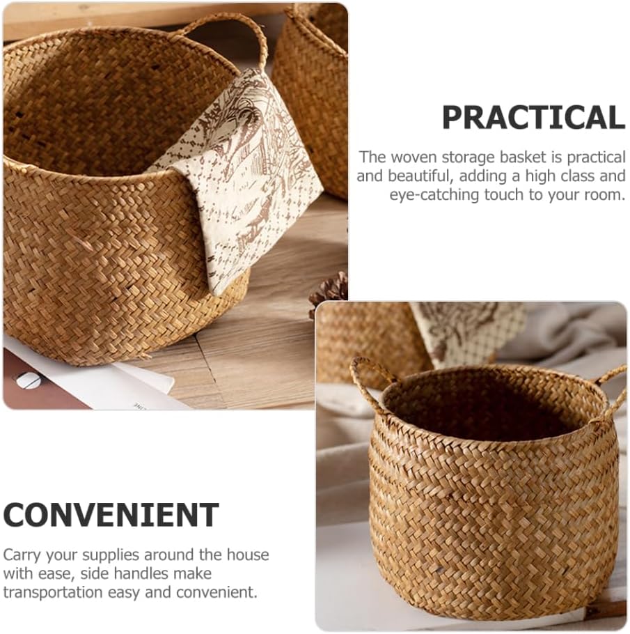 Japanese Style Woven Storage Basket Handles Handcrafted Decorative Organizer for Cosmetics Flower
