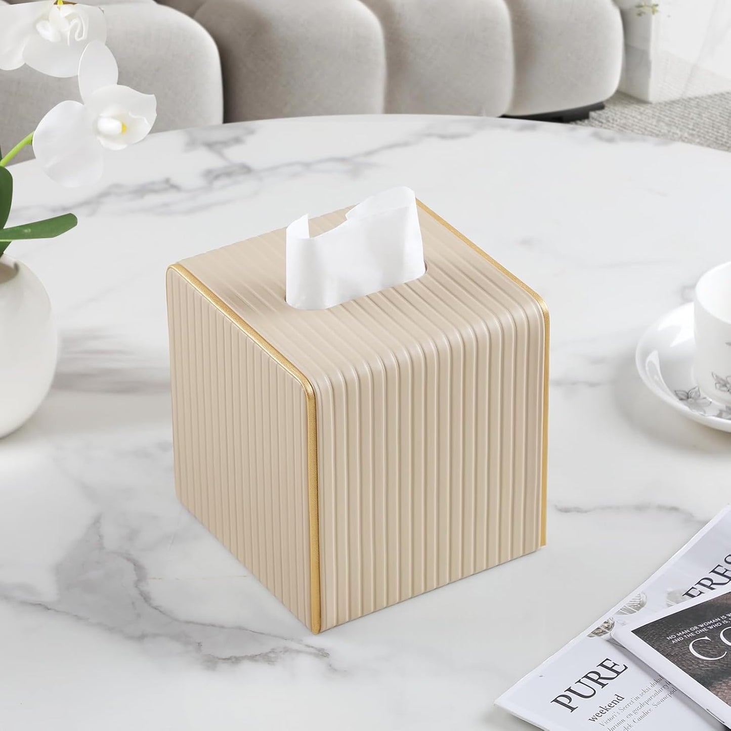Square PU Leather Tissue Box Cover / Square Beige